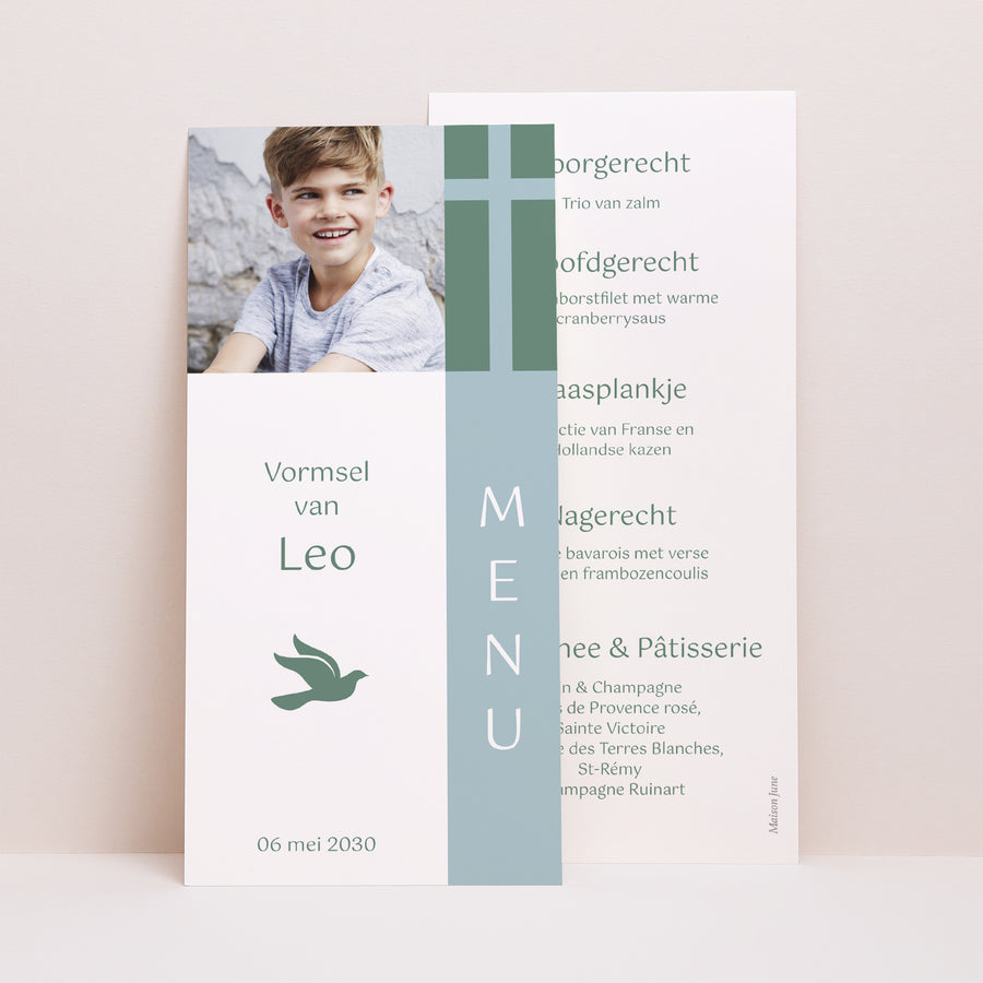 Menukaart Communie Panoramisch portret Heilige datum foto