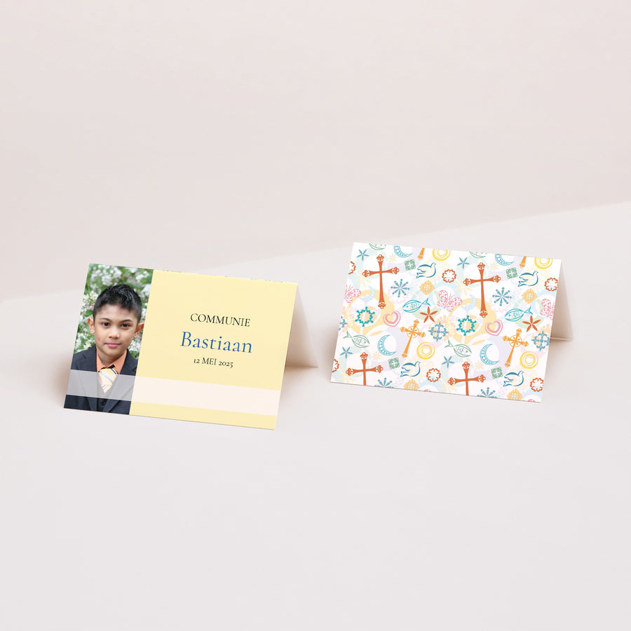 Naamkaartjes Communie 2 luiken Gepersonaliseerde communie foto
