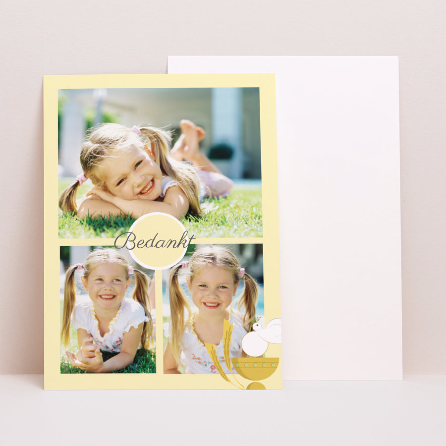 Bedankkaart Communie Portret Communie geïllustreerd - geel foto