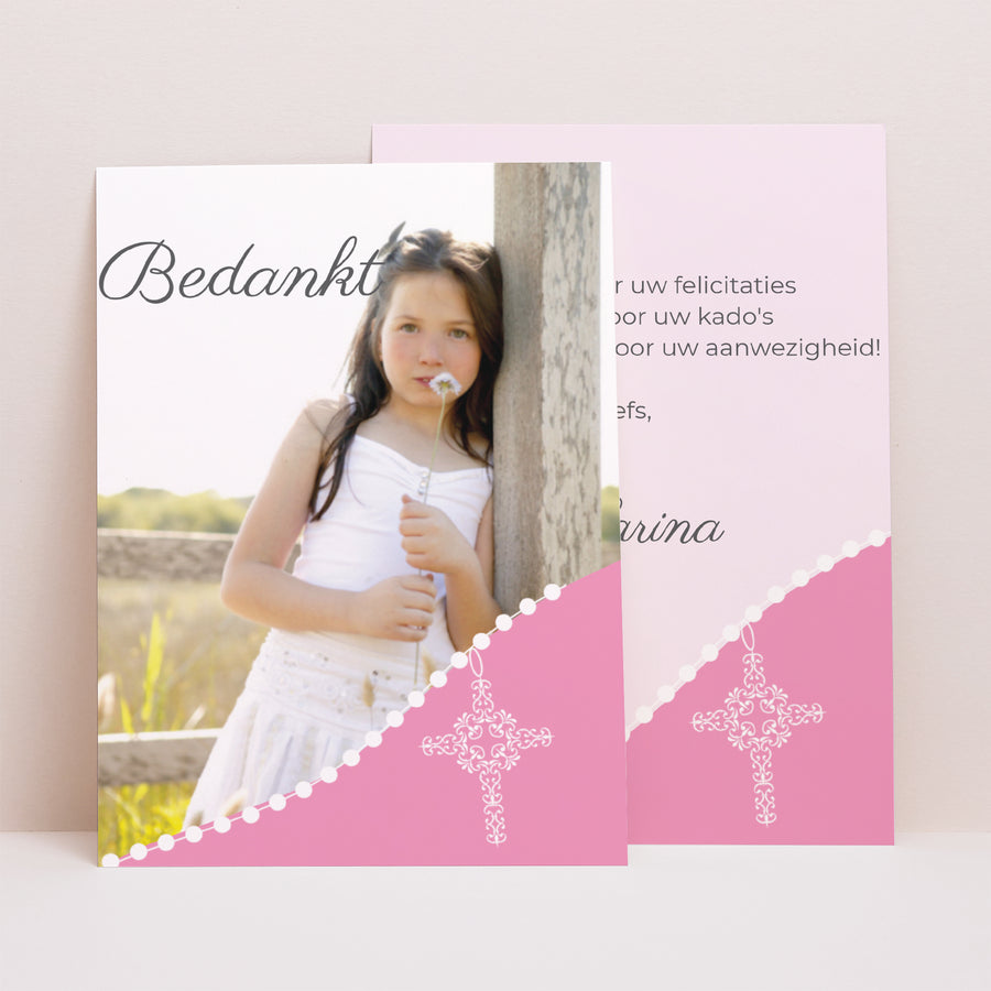 Bedankkaart Communie Portret Heilig avondmaal - roze foto