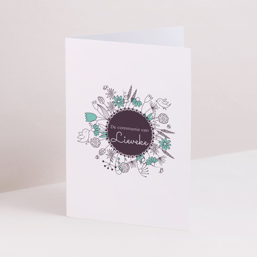 Uitnodigingen Communie Dubbel portretvenster Bloemen foto