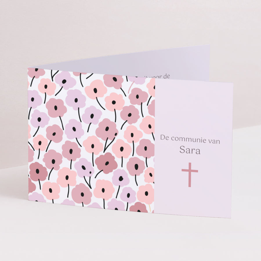 Uitnodigingen Communie Dubbele landschapspanelen Roze bloemen foto