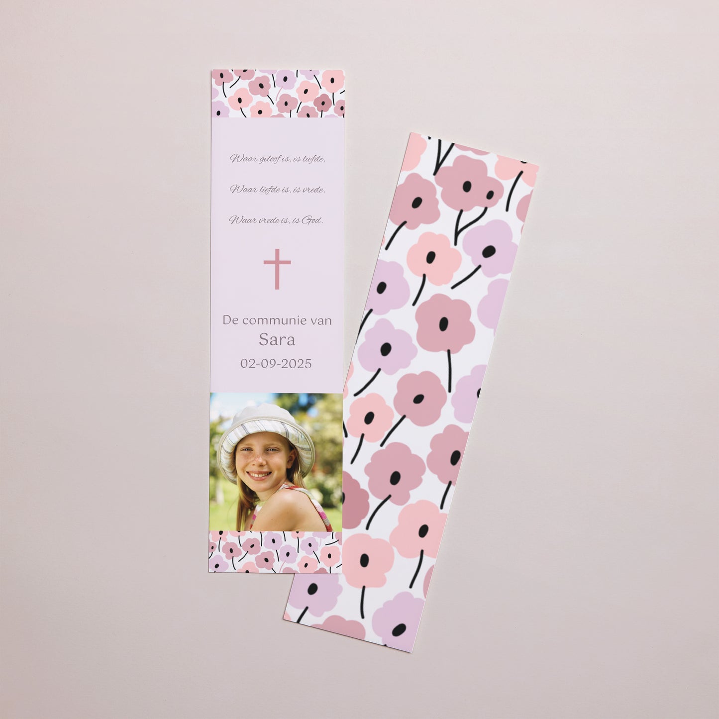 Boekenlegger Communie Bladwijzer Roze bloemen foto N° 1