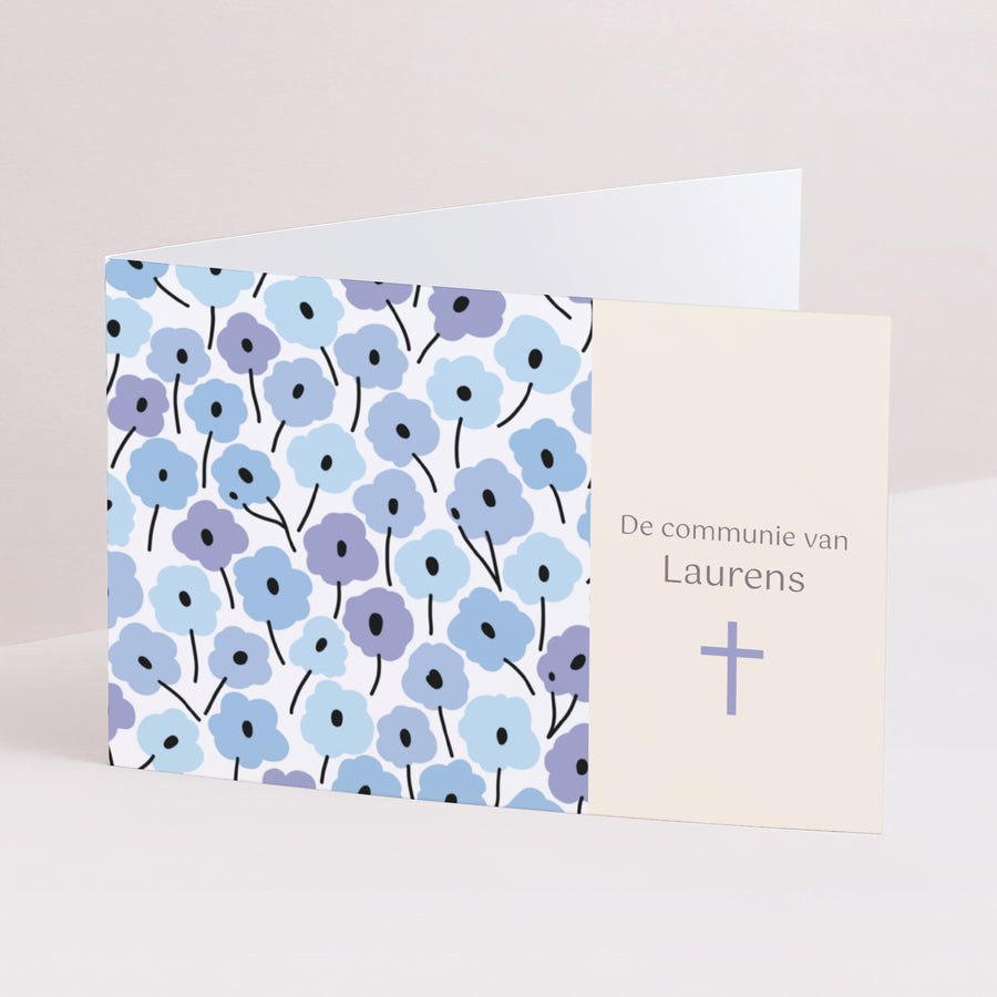 Uitnodigingen Communie Dubbele landschapspanelen Blauwe bloemen foto