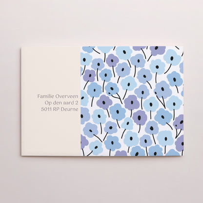 Uitnodigingen Communie Dubbele landschapspanelen Blauwe bloemen foto N° 3