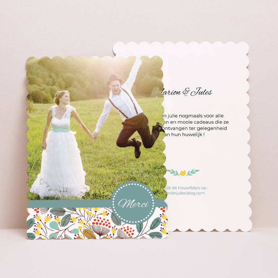 Bedankkaart Huwelijk Portret, biscuitranden Veldbloemen foto