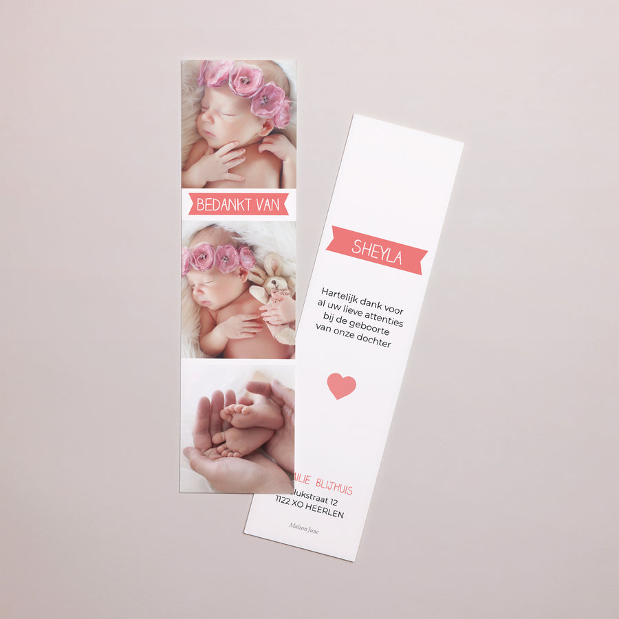 Bedankkaart Geboorte Bladwijzer Mini-bericht foto