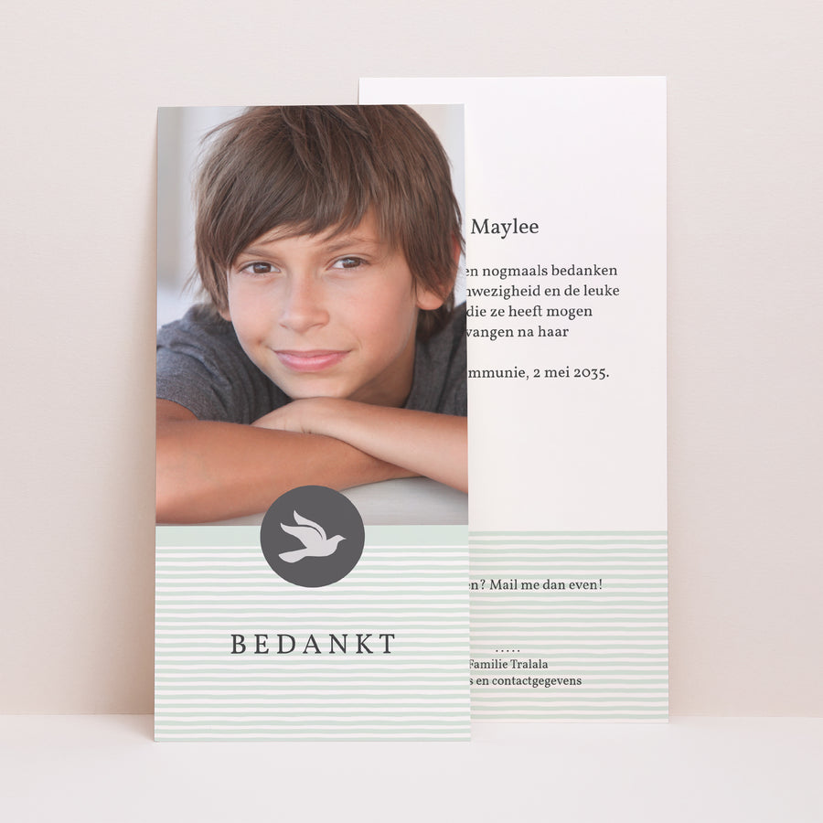 Bedankkaart Communie Panoramisch portret L'envolée bleue, dank u foto