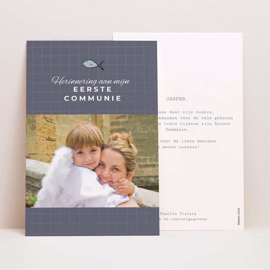 Bedankkaart Communie Portret Blauwe Ichtus, bedankt foto