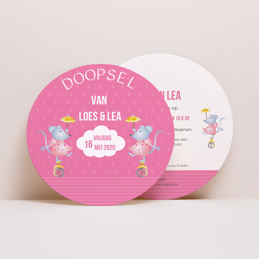 Uitnodigingskaart Doop Rond Mesdames Souris foto