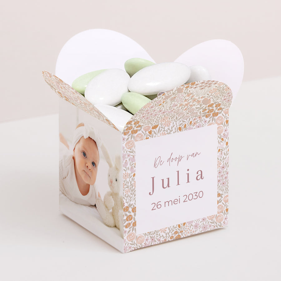 Doosje voor suikerbonen Doop Vlinderklep opening Vrijheidsroos foto