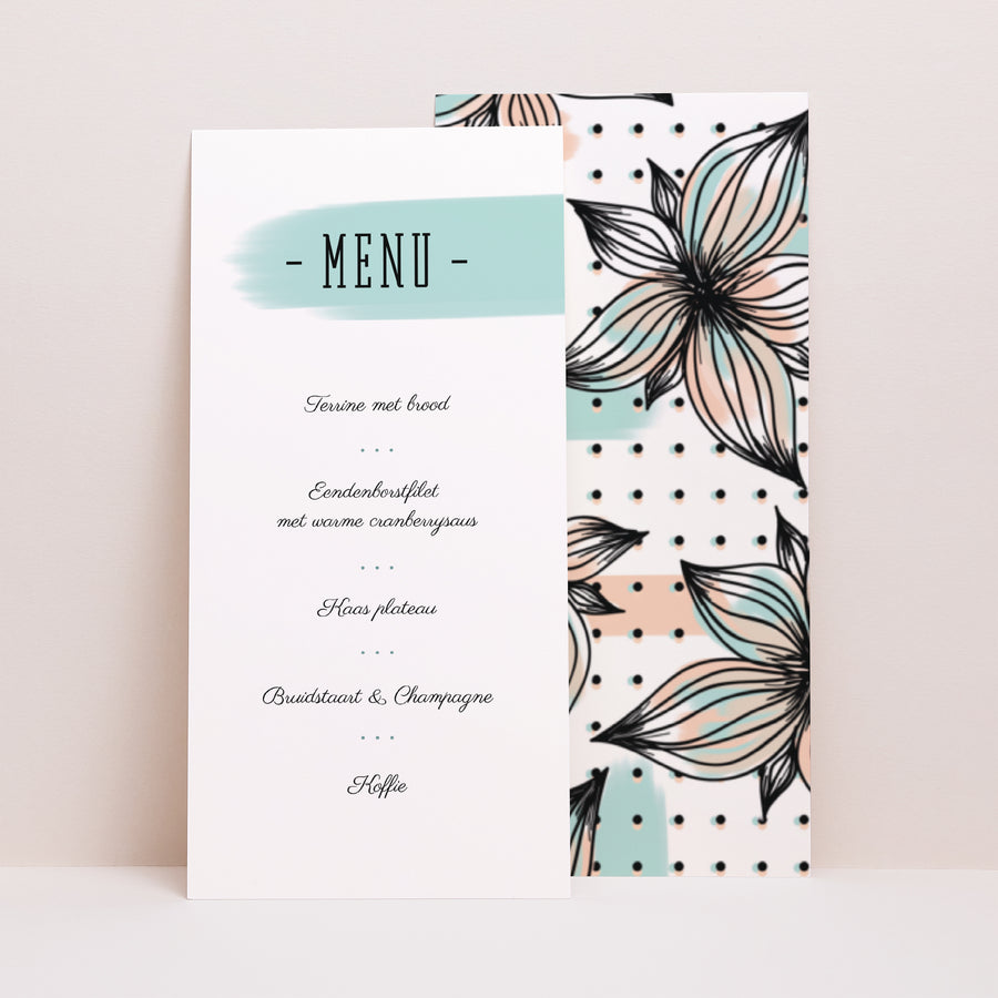 Menukaart Huwelijk Panoramisch portret Leuke bloemen foto