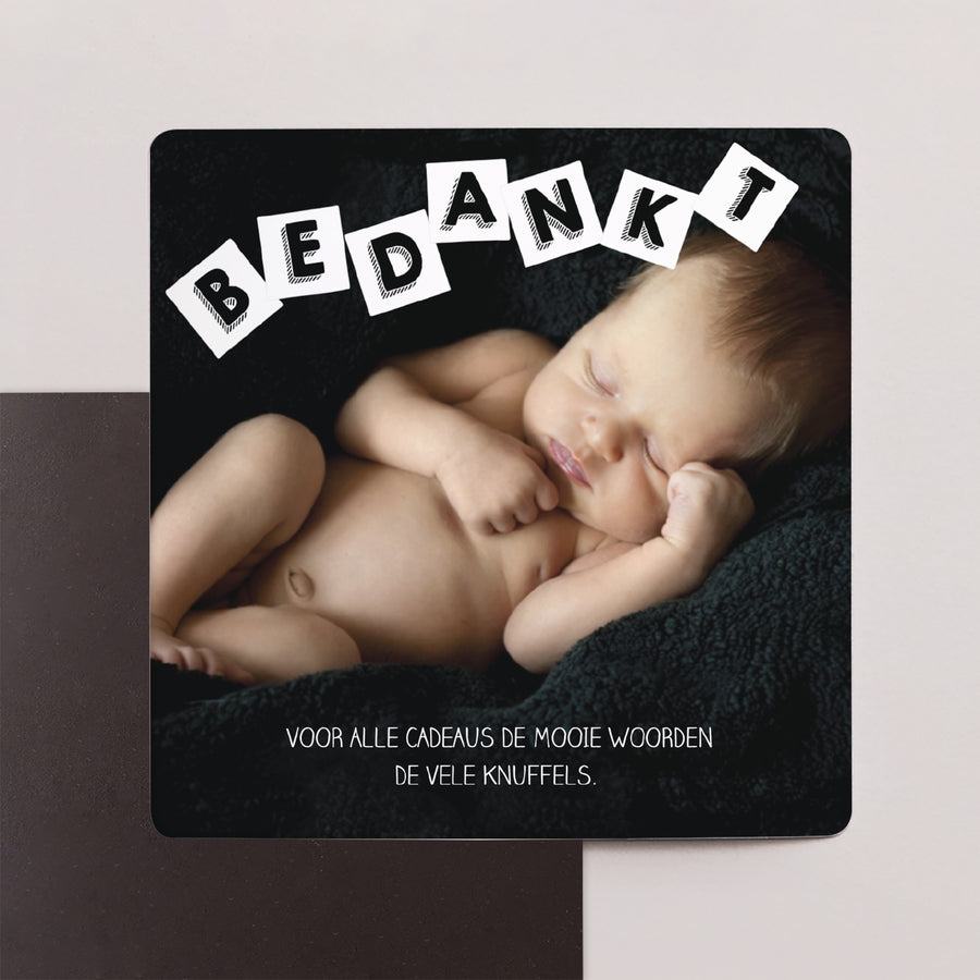 Bedankkaart Geboorte Set van 9, magnetisch. Baby alfabet foto