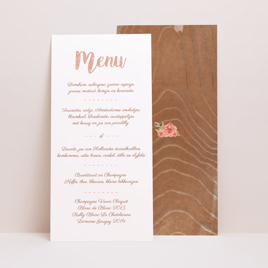 Menukaart Huwelijk Panoramisch portret Roos Chic & Bois foto