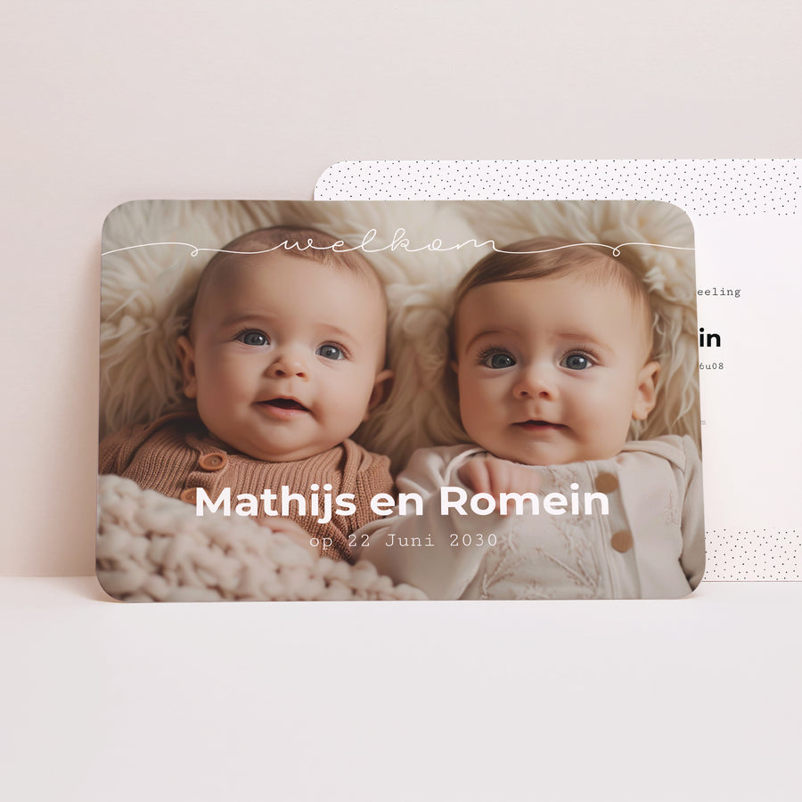 Uitnodigingskaart Geboorte Landschap, afgeronde randen Tweelingbaby's foto