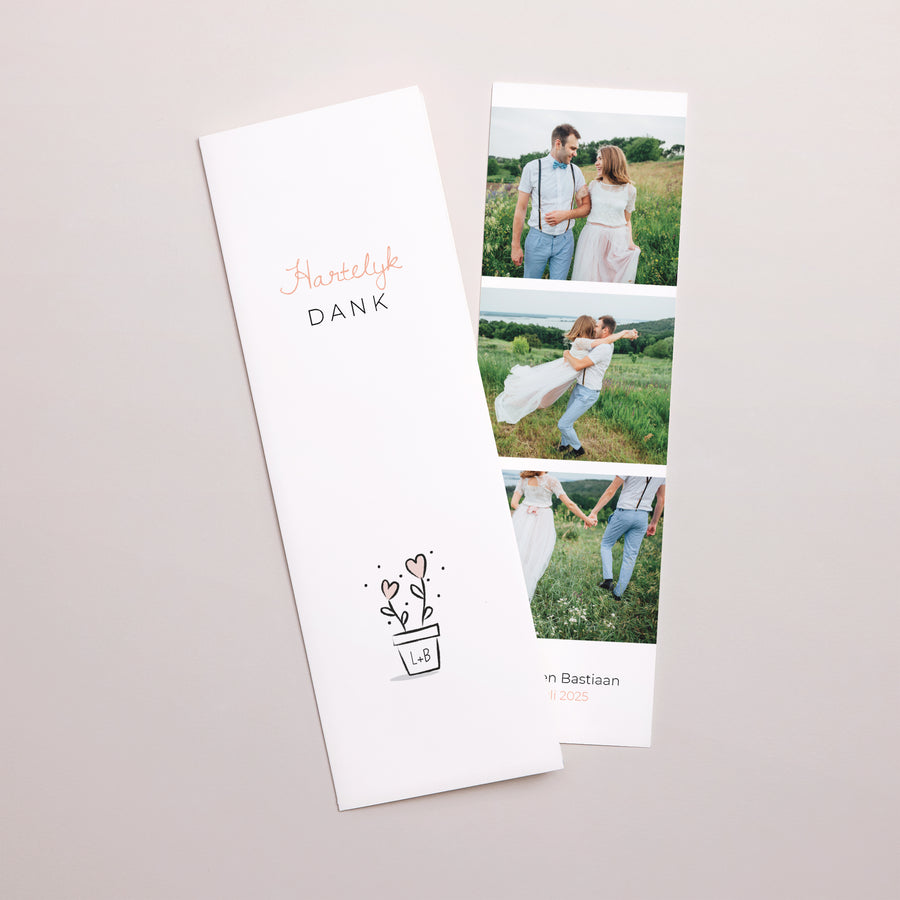 Bedankkaart Huwelijk Fotocabine bladwijzer 2 harten foto