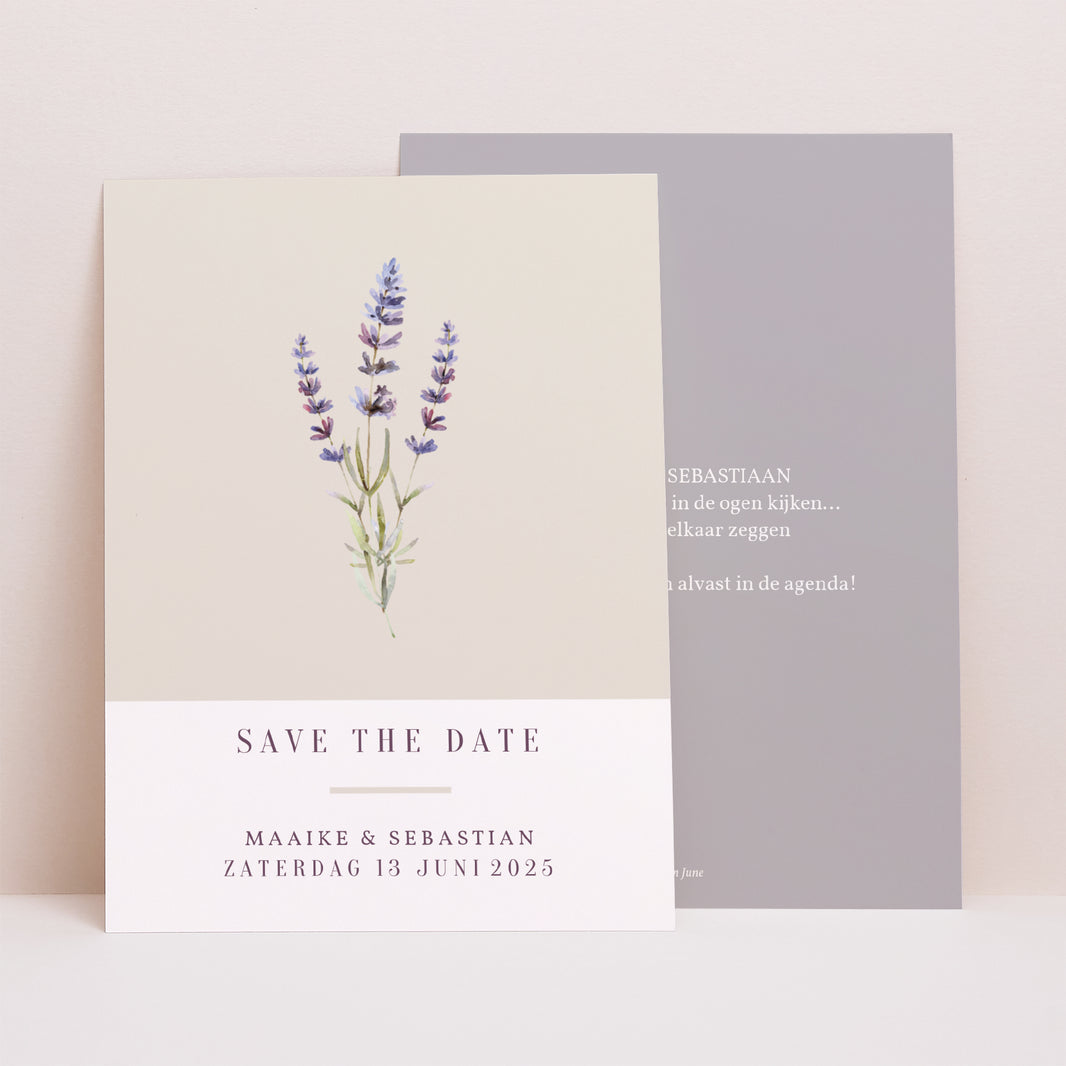 Save the date kaart Huwelijk Portret Boeket van lavendel foto N° 1