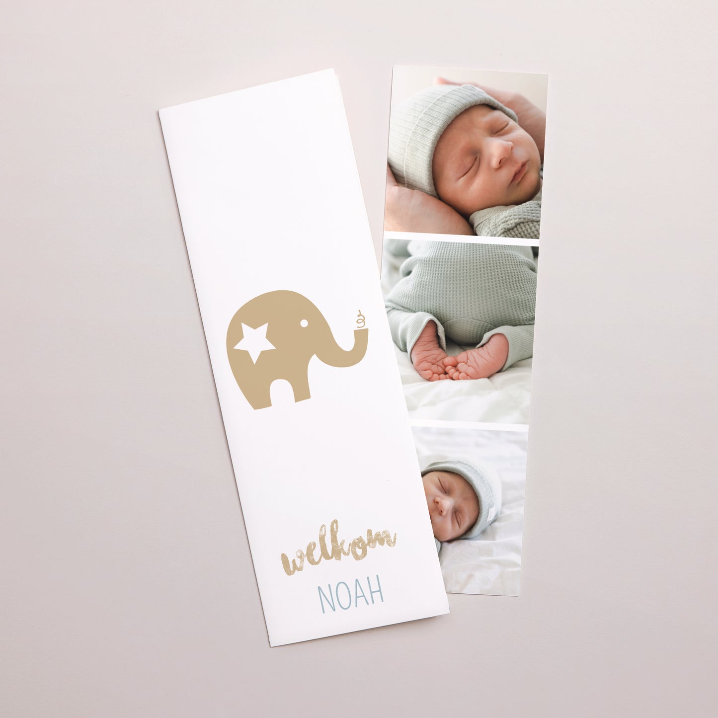Uitnodigingskaart Geboorte Fotocabine bladwijzer Gouden olifant foto N° 1