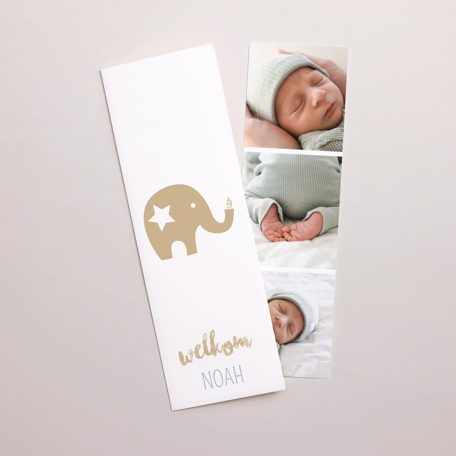 Uitnodigingskaart Geboorte Fotocabine bladwijzer Gouden olifant foto