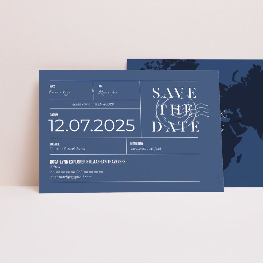 Save the date kaart Huwelijk Landschap Blauwe huwelijkspas foto