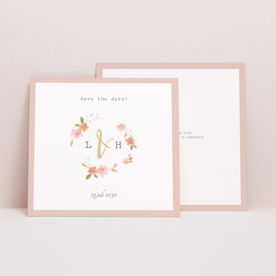 Save the date kaart Huwelijk Vierkant Botanische roos foto