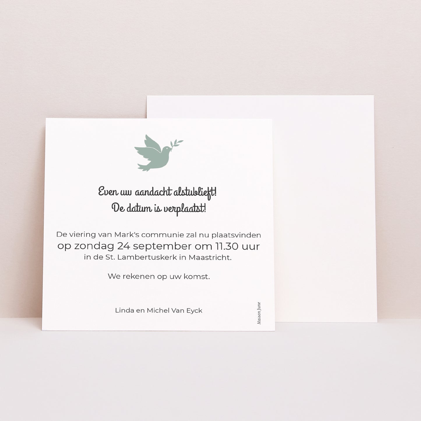 Uitnodigingen Communie Vierkant Boodschapper van de vrede foto N° 1