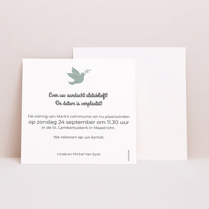 Uitnodigingen Communie Vierkant Boodschapper van de vrede foto N° 1