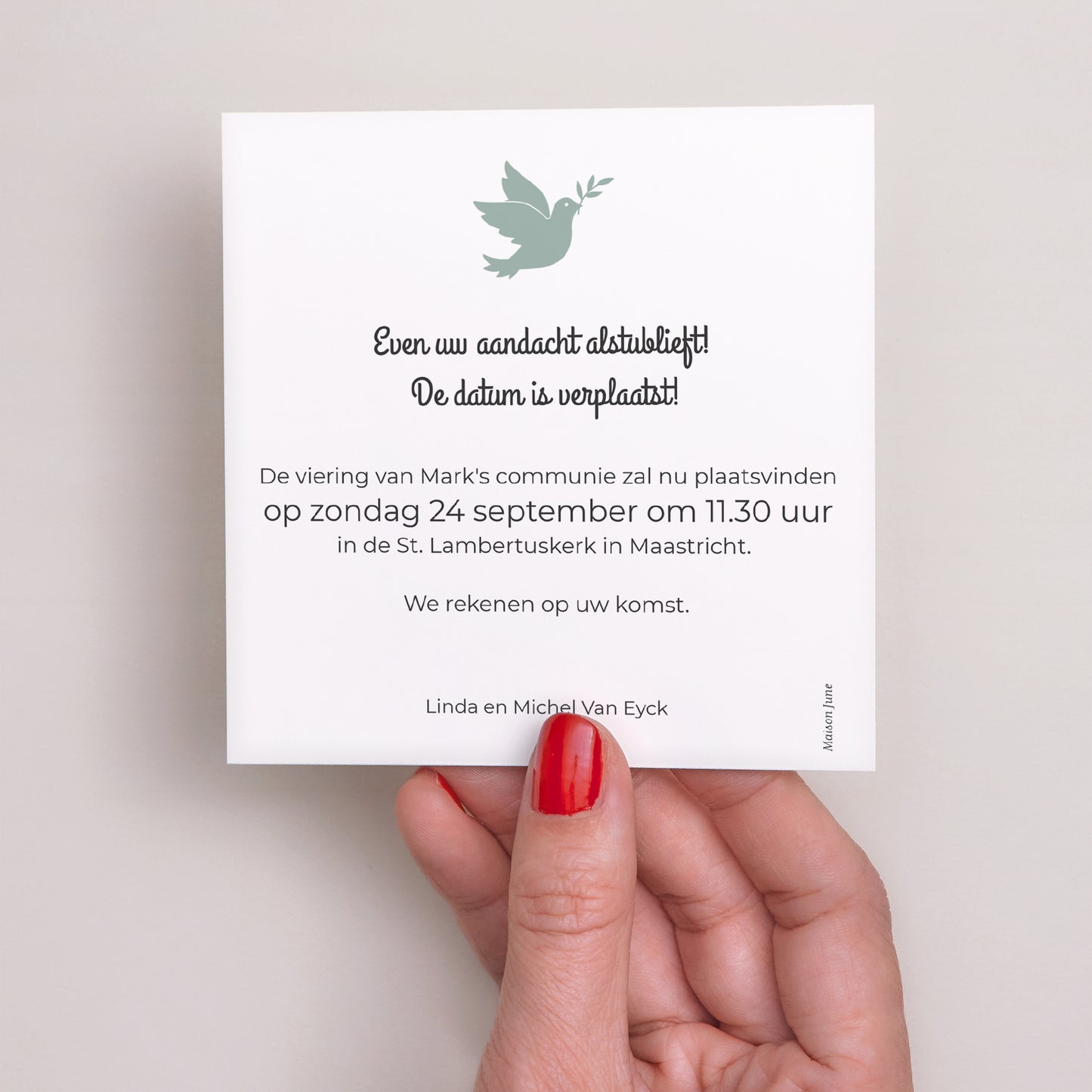 Uitnodigingen Communie Vierkant Boodschapper van de vrede foto N° 2