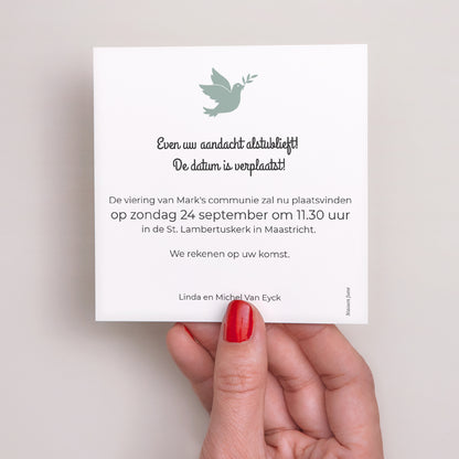 Uitnodigingen Communie Vierkant Boodschapper van de vrede foto N° 2