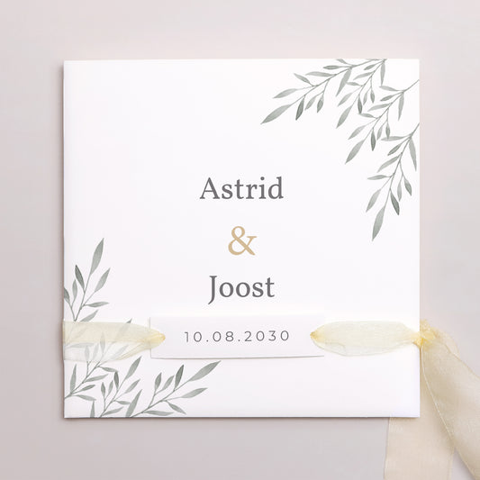 Uitnodigingskaart Huwelijk Vierkante tas, 3 kaarten, label Palmbomen Aquarel foto