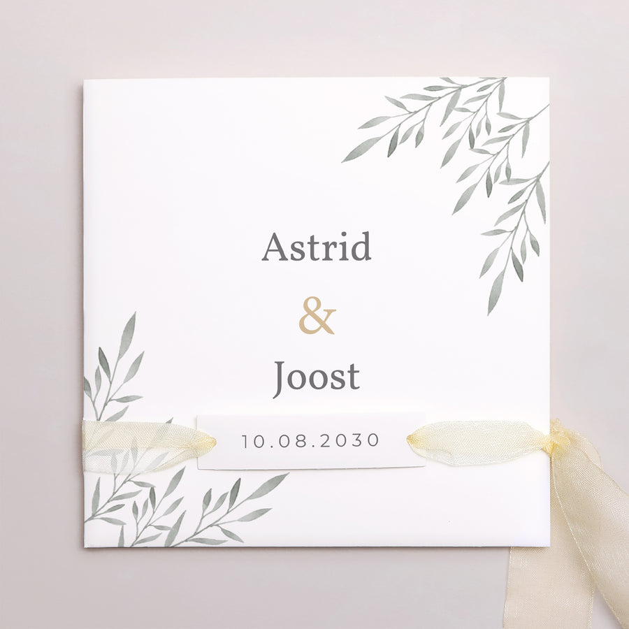 Uitnodigingskaart Huwelijk Vierkante tas, 3 kaarten, label Palmbomen Aquarel foto