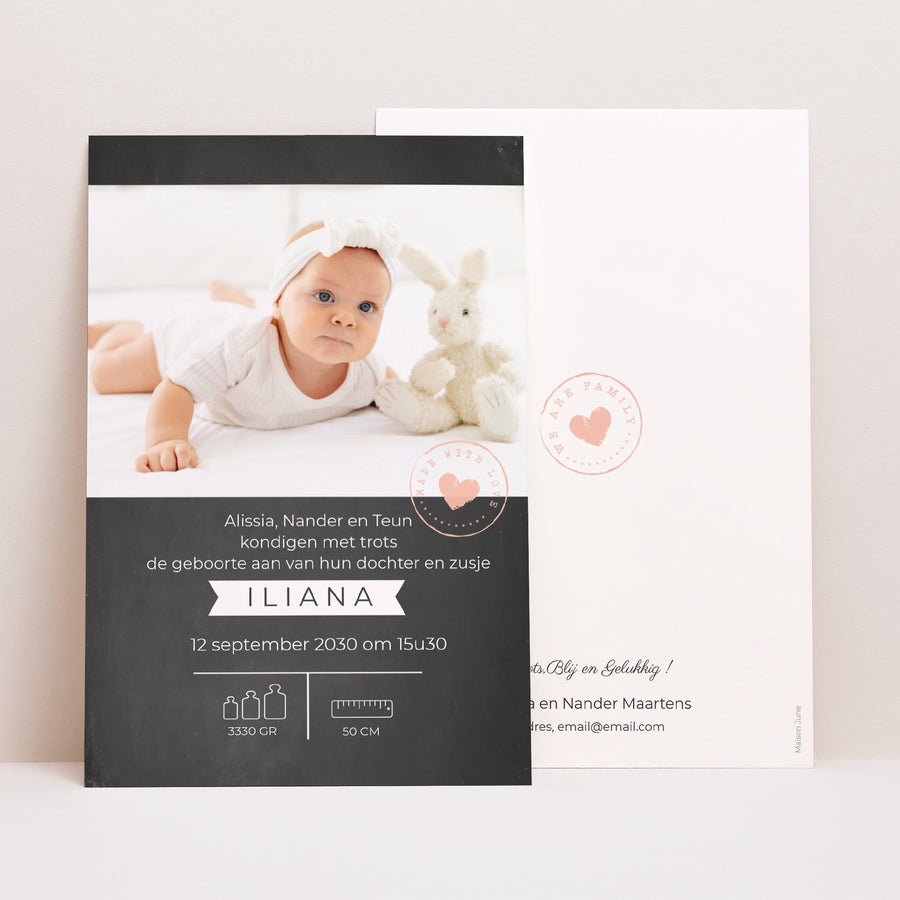 Uitnodigingskaart Geboorte Portret Douce Ardoise foto