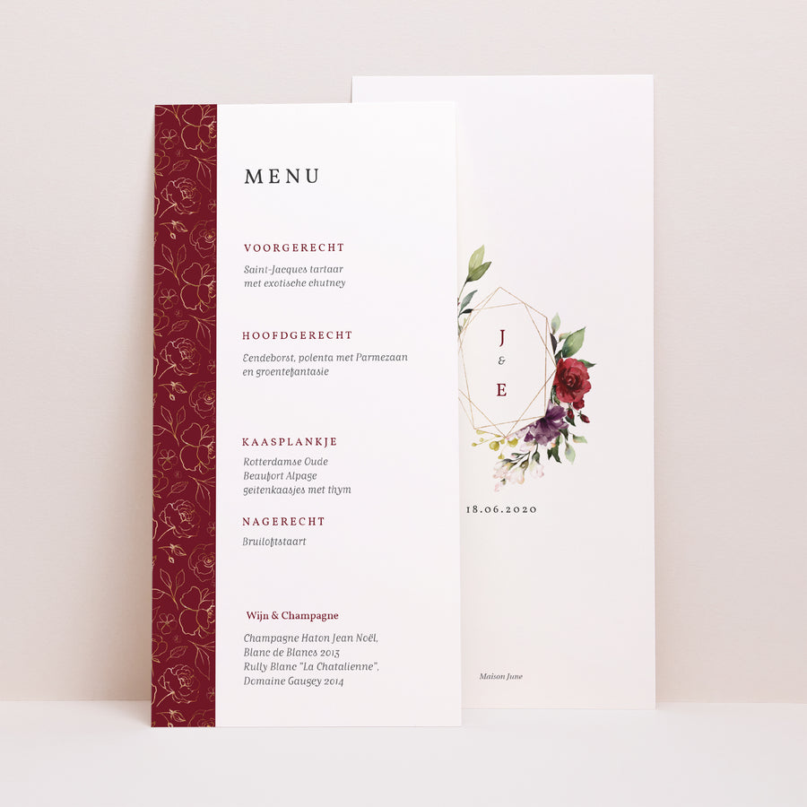 Menukaart Huwelijk Panoramisch portret Marsala bloemen foto