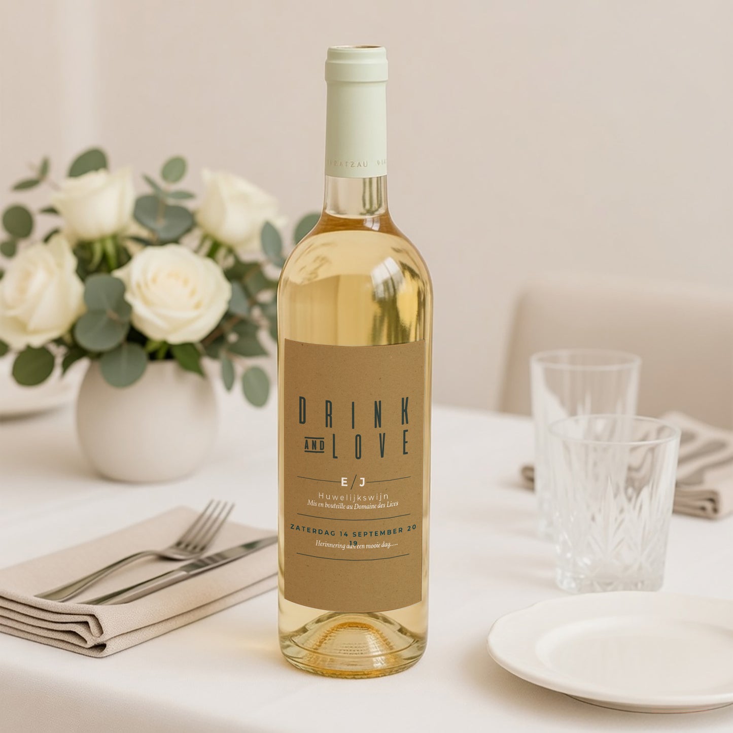 Flesetiket Huwelijk Portret Groen & Kraft foto N° 2