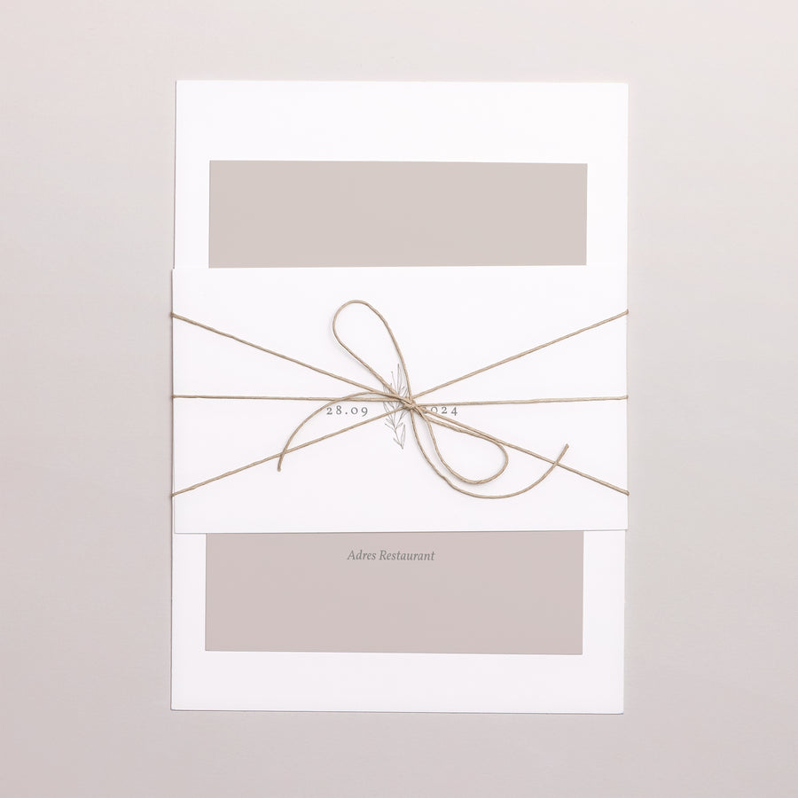Uitnodigingskaart Huwelijk 3 kaarten, lint Kinfolk bloemen foto