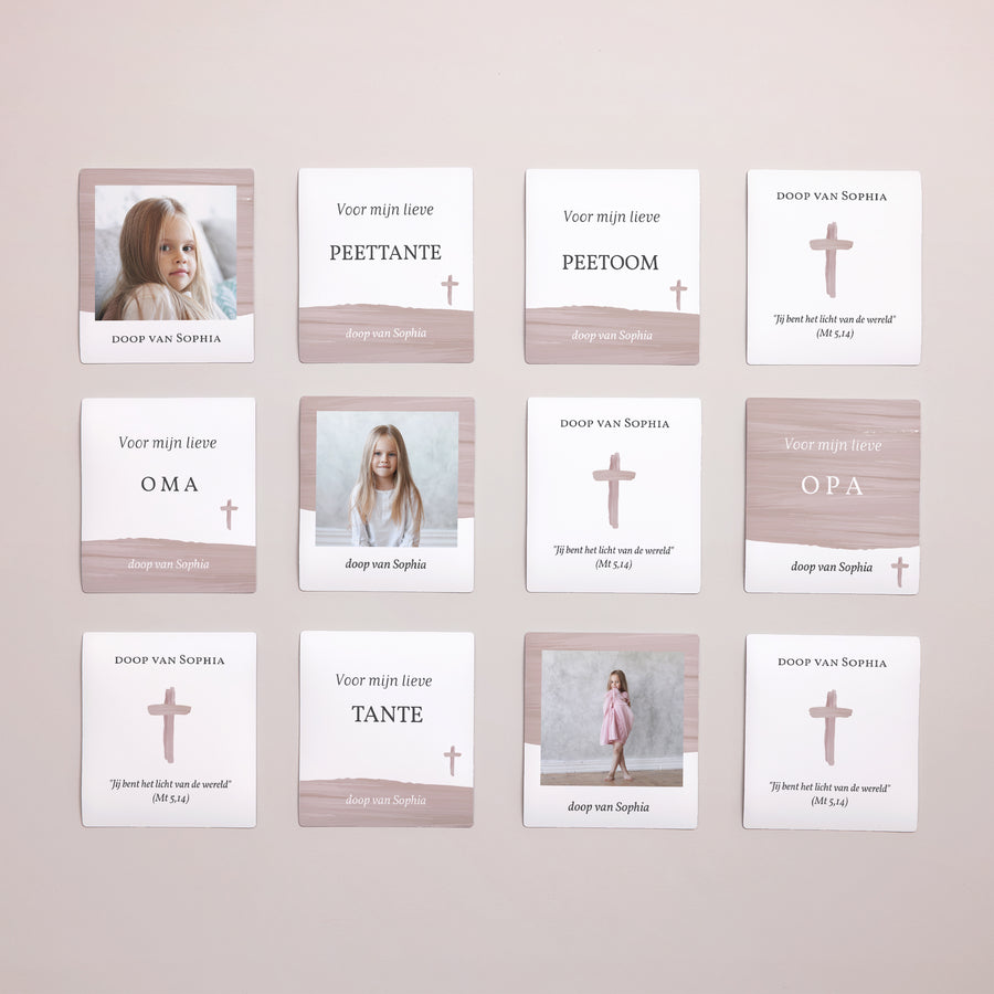Bedankkaart Doop Set van 12, magnetisch Roze verfkwast foto