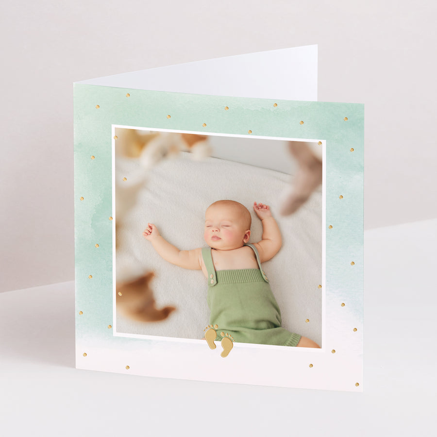 Uitnodigingskaart Geboorte Dubbel vierluik Gouden voetjes foto