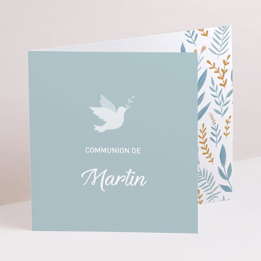 Uitnodigingskaart Communie Twee asymmetrische panelen Dove en blauwe bloemen foto