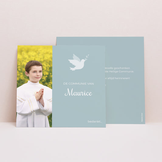 Bedankkaart Communie Vierkant Dove en blauwe bloemen foto