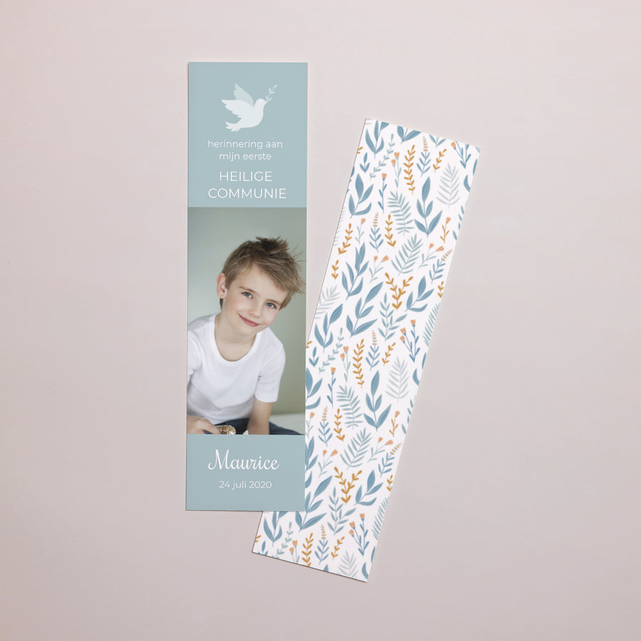 Boekenlegger Communie Bladwijzer Dove en blauwe bloemen foto