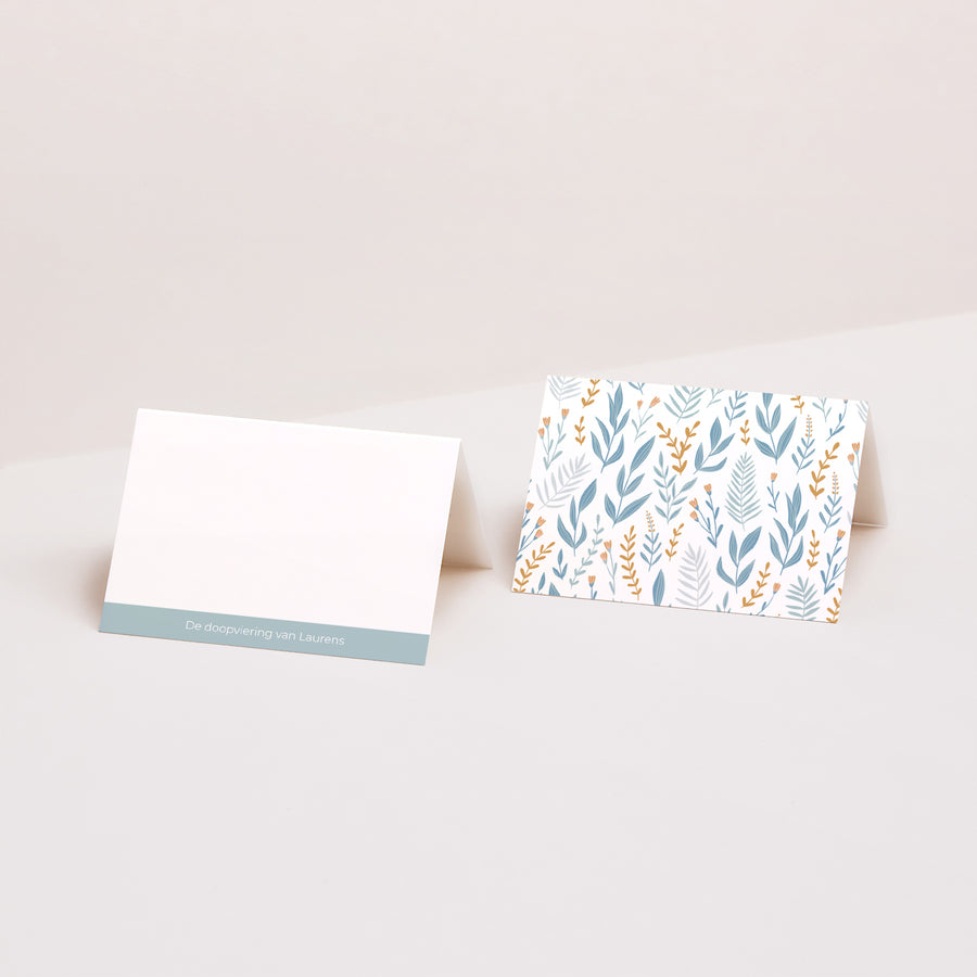 Naamkaartjes Doop 2 luiken Duif, gebloemde hoofdband, blauw foto