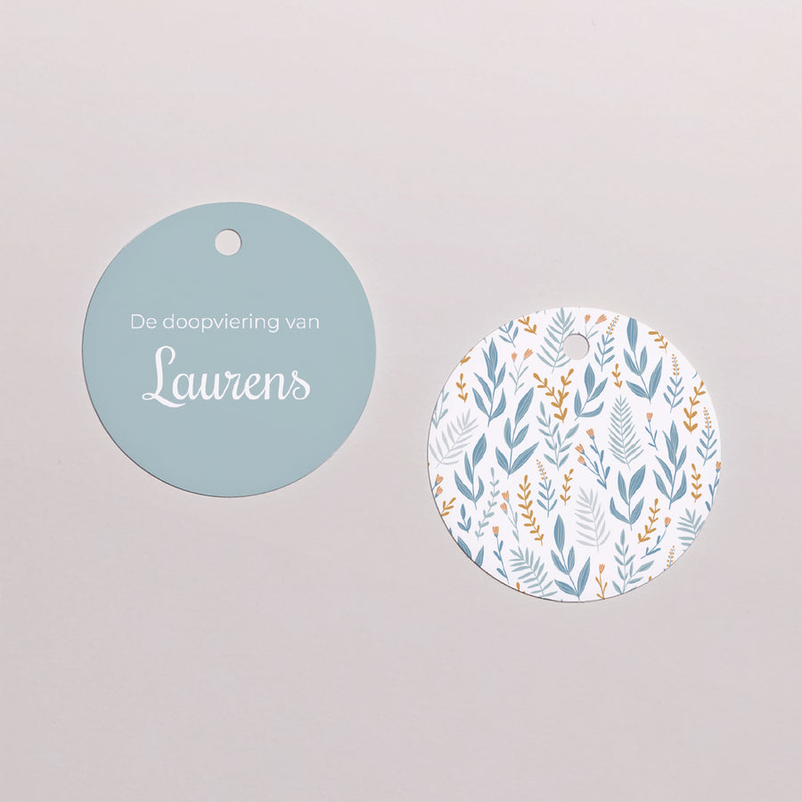 Cadeaulabel Doop Ronde Duif, gebloemde hoofdband, blauw foto