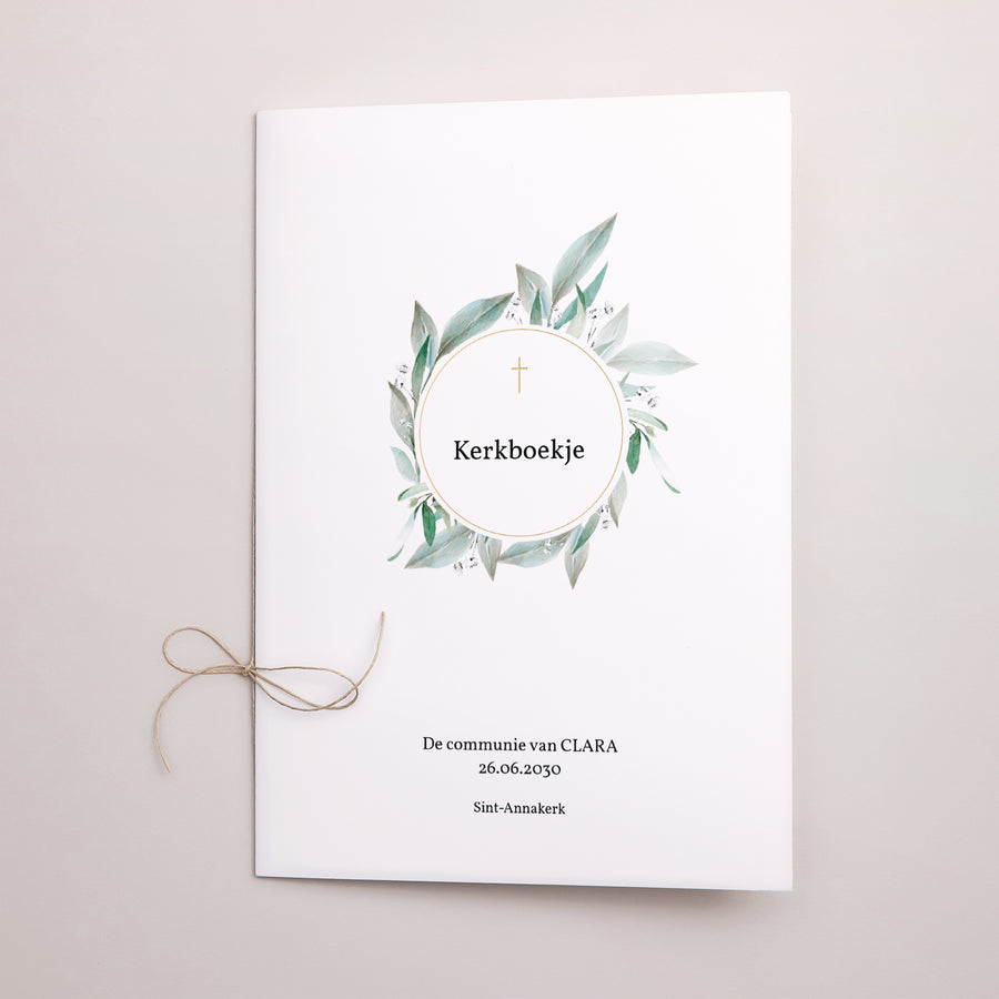 Kerkboekje Communie Dubbele deur Bloemenkrans, medaillon en gouden kruis foto
