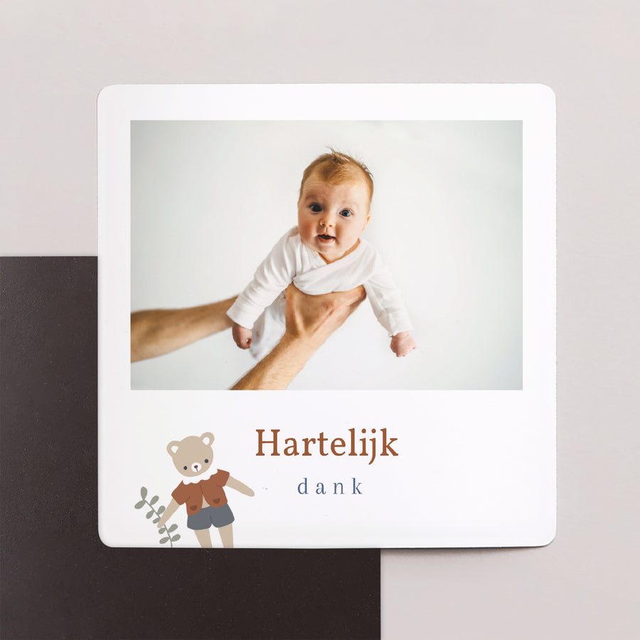 Bedankkaart Doop Set van 9, magnetisch. Kleine geluksbeer foto