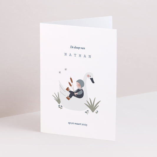Uitnodigingskaart Doop Dubbel portretvenster Zwaan en kleine jongen foto