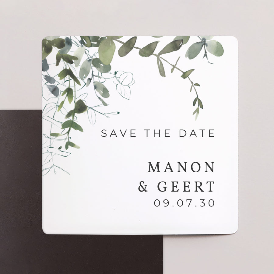 Save the date kaart Huwelijk Set van 9, magnetisch. Bloemen en eucalyptus foto
