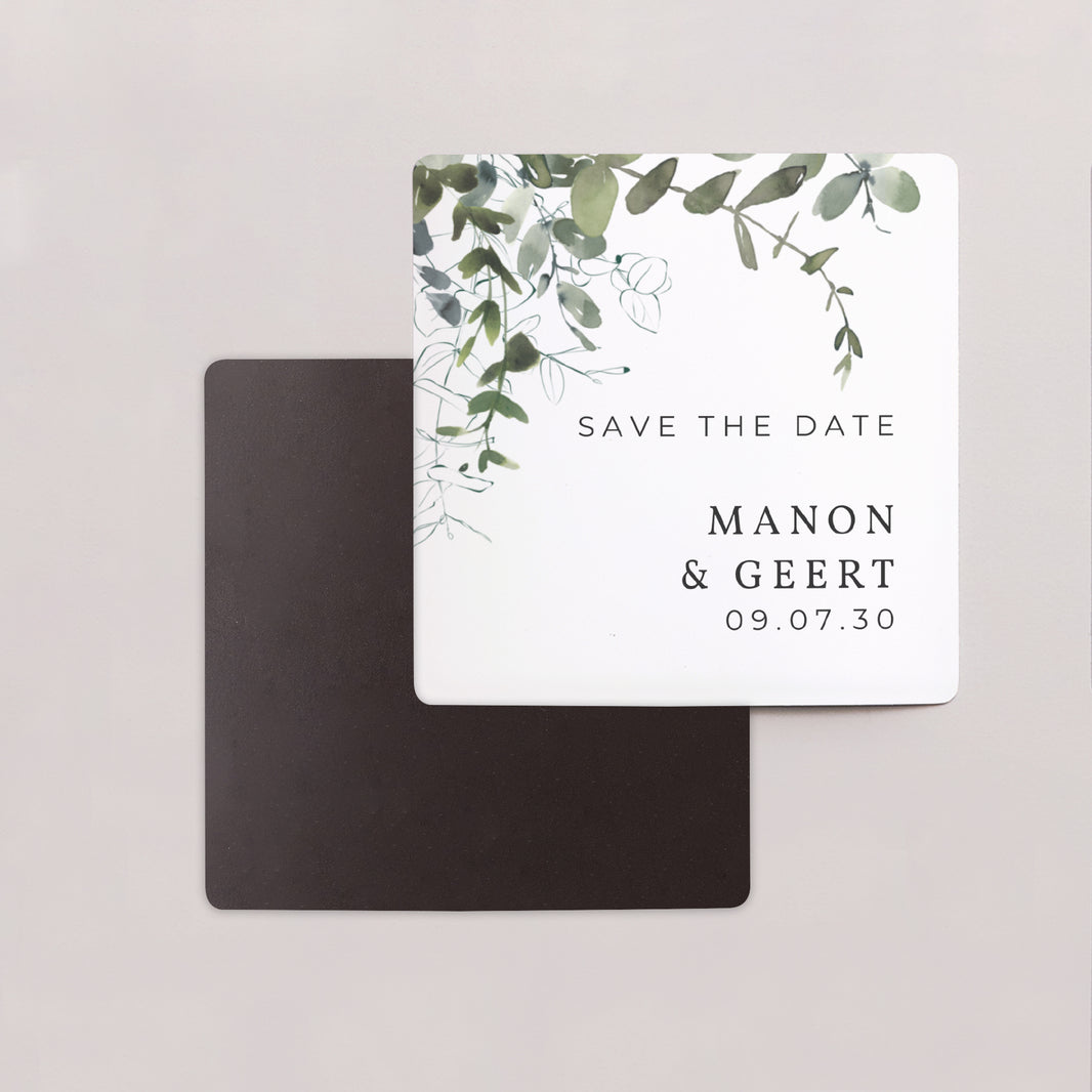 Save the date kaart Huwelijk Set van 9, magnetisch. Bloemen en eucalyptus foto N° 2