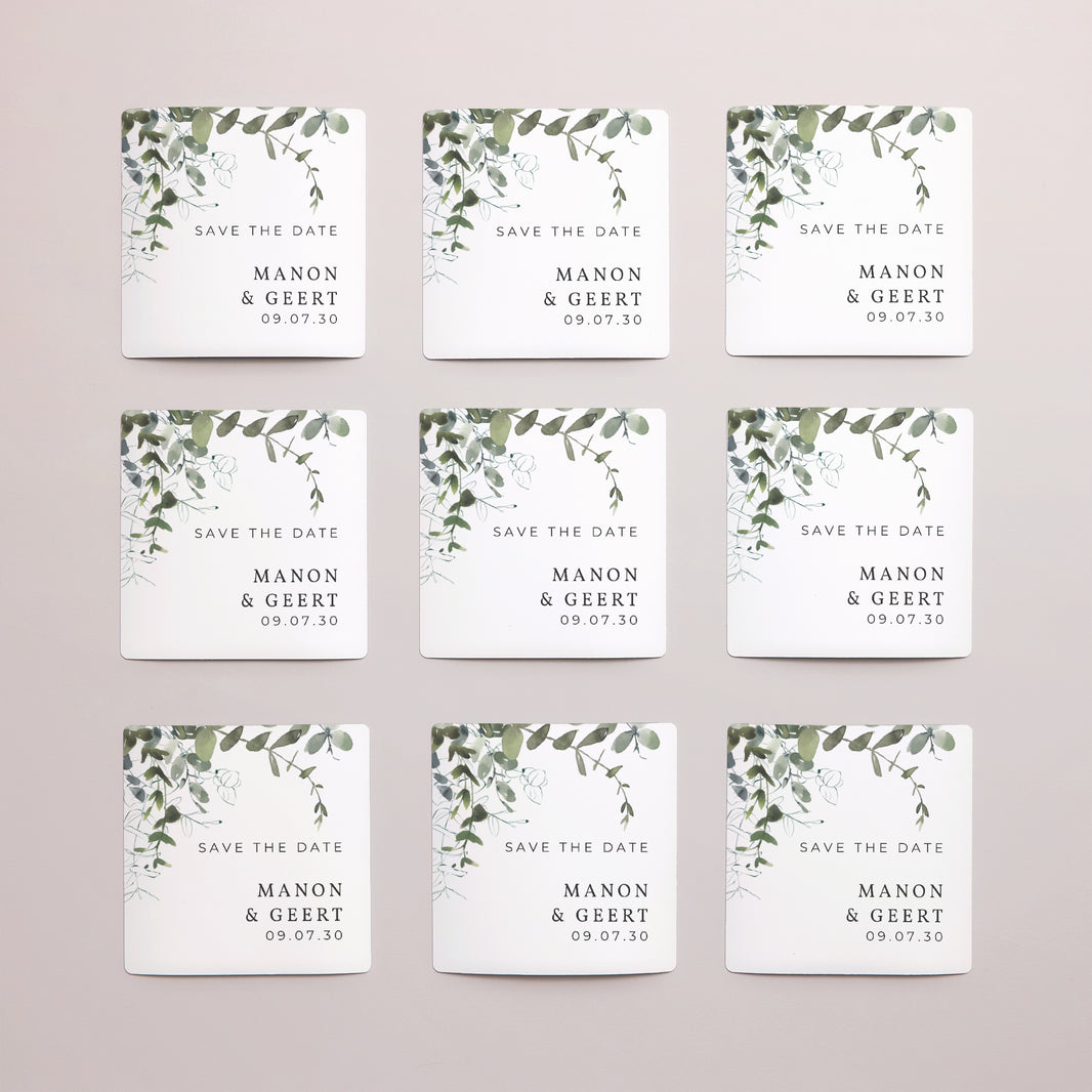 Save the date kaart Huwelijk Set van 9, magnetisch. Bloemen en eucalyptus foto N° 3