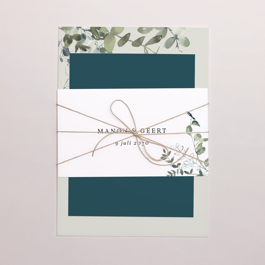 Uitnodigingskaart Huwelijk 3 kaarten, lint Bloemen en eucalyptus foto