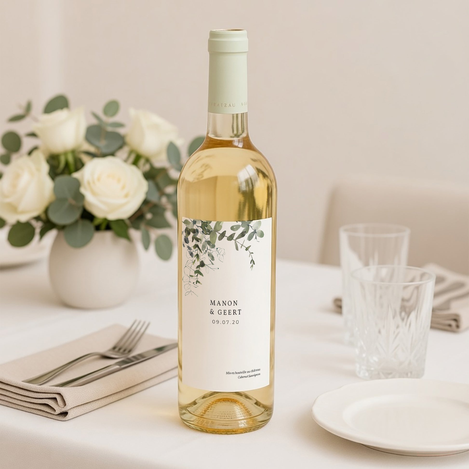 Flesetiket Huwelijk Portret Bloemen en eucalyptus foto N° 2